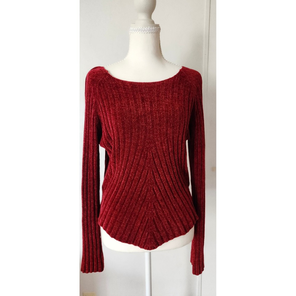 Airport Red Chenille Ribbed Knit Sweater Chevron Hem Whimzygoth Y2K Large